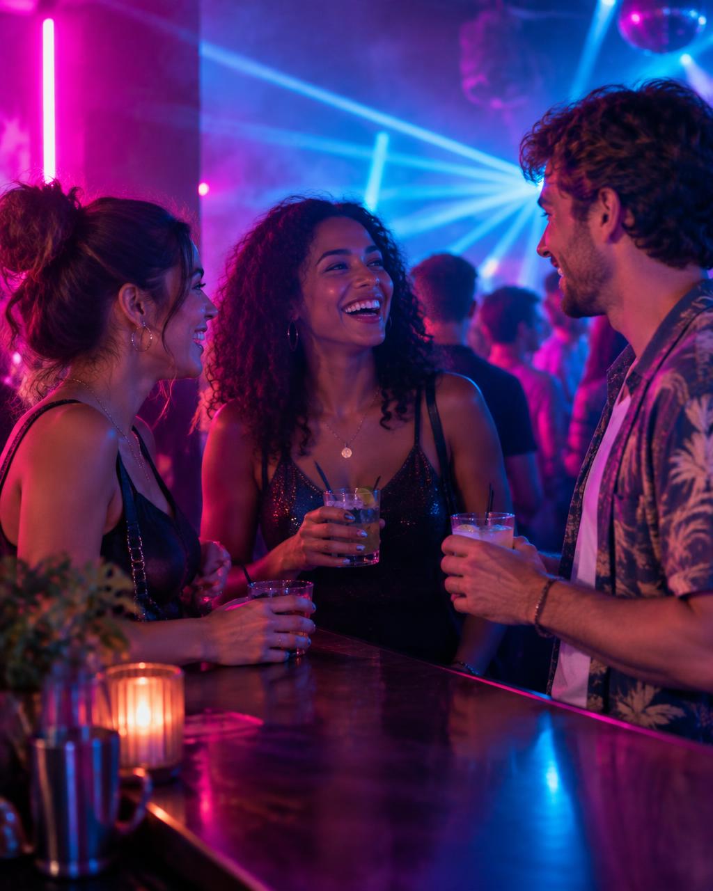 Friends laughing at a neon-lit bar during a Mingle night
