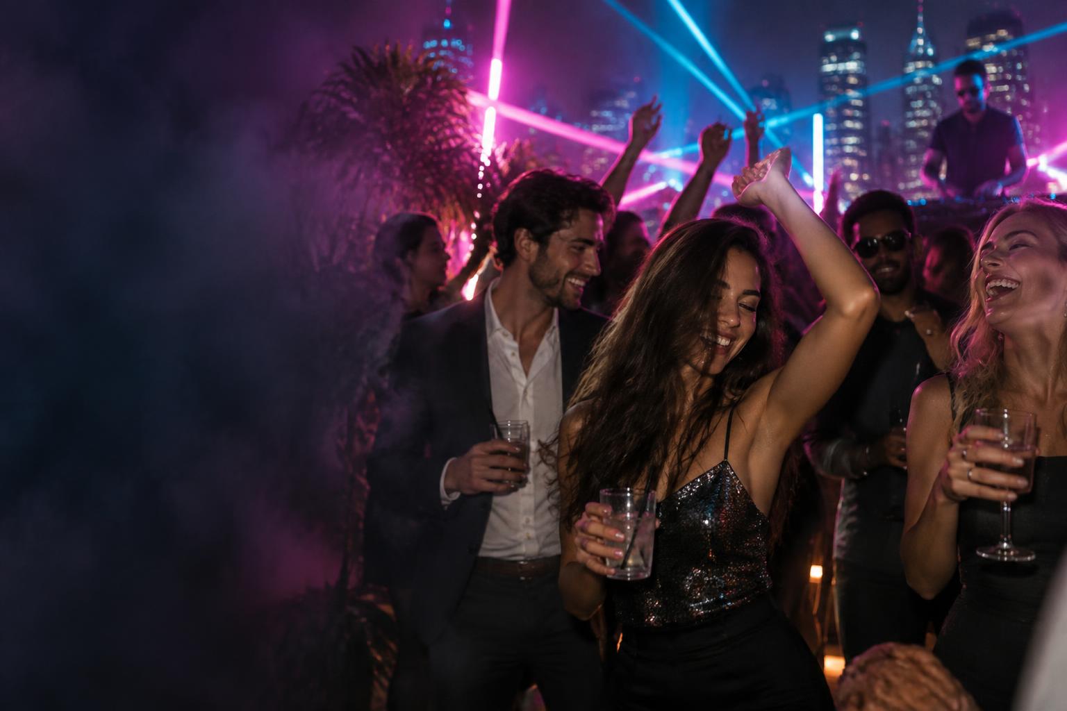Guests dancing under neon lasers at a Mingle party